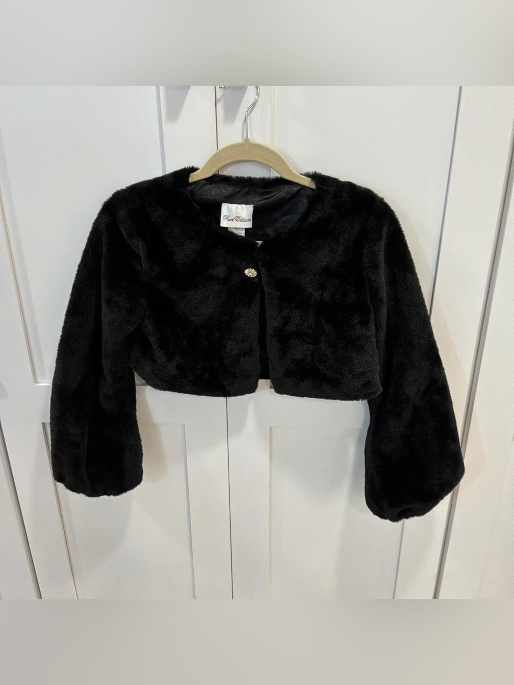 Rare Editions Faux Fur Shrug Girls 12 H469605 Black Rhinestone Button Bolero